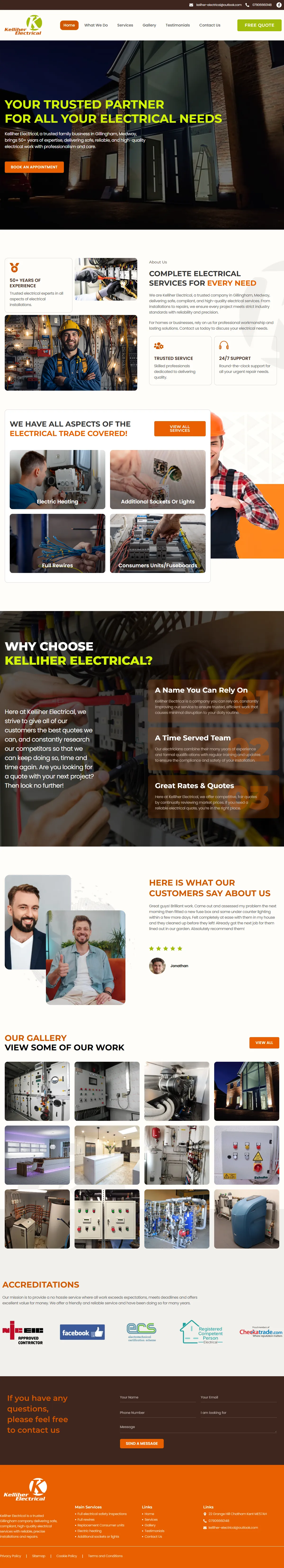 Full page — Kelliher Electrical homepage, scrolled top to bottom