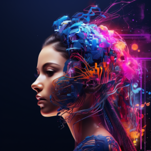 Illustration of a lady with colors emanating from modifications in her head, symbolizing the influence of Artificial Intelligence in web design trends for 2023.